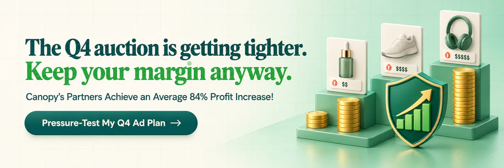 Canopy Management call to action: The Q4 auction is getting tighter. Keep your margin anyway. Canopy’s partners achieve an average 84% profit increase. Button: Pressure-Test My Q4 Ad Plan
