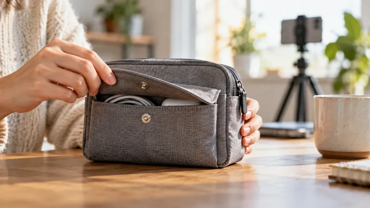 Editorial illustration of a hand opening a gray organizer pocket with clear space around the fastener.