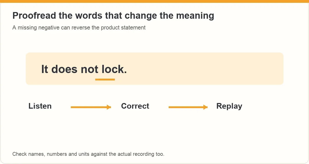 Example sentence with the word not emphasized and a listen, correct, replay workflow.