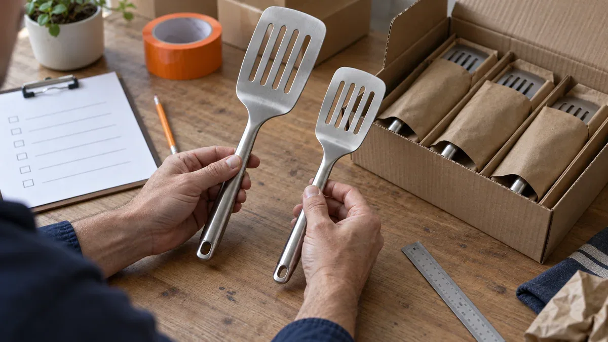 Editorial illustration of hands comparing two kitchen utensil samples beside a case pack and inspection checklist.